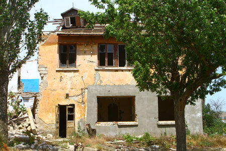 RUSSIA, CRIMEA, KERCH - MAY 27, 2018: wrecked old house. Architecture image. illustrative editorialのeditorial素材
