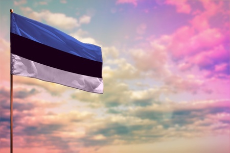 Fluttering Estonia flag mockup with the place for your text on colorful cloudy sky background.の写真素材