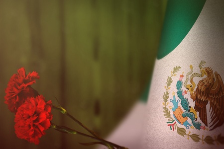 Mexico flag with two red carnation flowers for honour of veterans or memorial day on green blurred natural wood wall. Mexico glory to the heroes of war concept.の写真素材