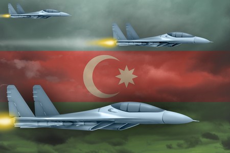 Azerbaijan air strike concept. Modern war airplanes attack on Azerbaijan flag background. 3d Illustrationの写真素材