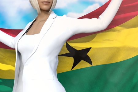 Pretty business woman is holding Ghana flag in her hands behind her on the blue sky background - flag concept 3d illustrationの写真素材