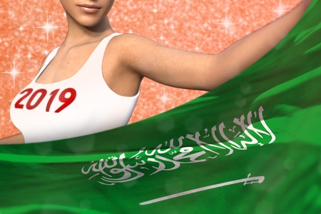 sexy girl is holding Saudi Arabia flag in front of her on the red shining sparks background - Christmas and 2019 New Year flag concept 3d illustrationの写真素材