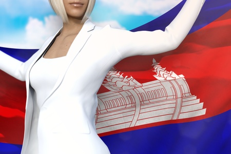 sexy business lady is holding Cambodia flag in her hands behind her on the blue sky background - flag concept 3d illustrationの写真素材