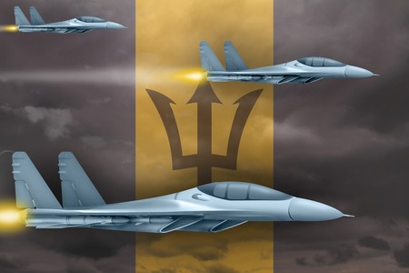 Barbados air strike concept. Modern war airplanes attack on Barbados flag background. 3d Illustrationの写真素材