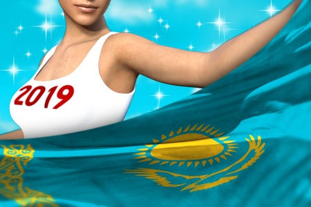 beautiful girl is holding Kazakhstan flag in front of her on the light blue colorful clouds - Christmas and 2019 New Year flag concept 3d illustrationの写真素材