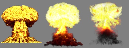 3 huge very detailed different phases mushroom cloud explosion of thermonuclear bomb with smoke and fire isolated on grey - 3D illustration of explosionの写真素材