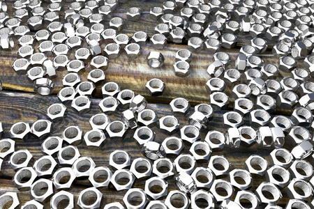 nice industrial 3D illustration of screw-nuts on old wooden boards - image for any purposesの写真素材