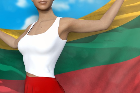 pretty lady in bright skirt is holding Lithuania flag in her hands behind her on the cloudy sky background - flag concept 3d illustrationの写真素材