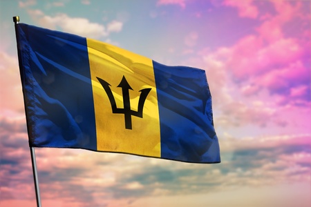 Fluttering Barbados flag on colorful cloudy sky background. Barbados prospering concept.の写真素材