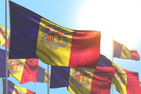 nice many Andorra flags are wave on blue sky background - any holiday flag 3d illustrationの写真素材