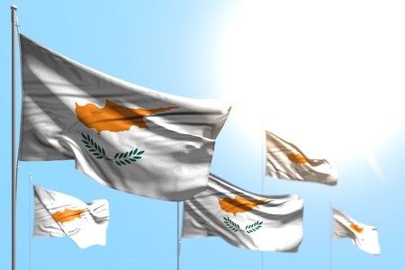 cute feast flag 3d illustration
 - 5 flags of Cyprus are waving against blue sky photo with bokehの写真素材