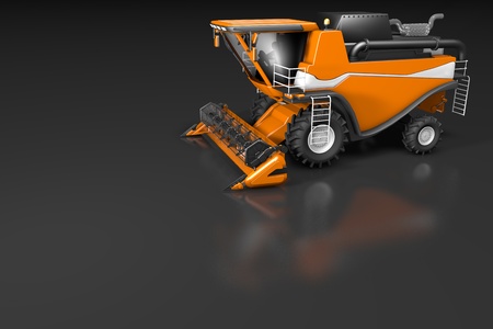 huge beautiful orange rural agricultural harvester side top view with reflection on dark grey, mockup with place for text - industrial 3D illustrationの写真素材