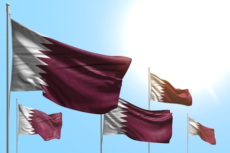 wonderful independence day flag 3d illustration - 5 flags of Qatar are wave on blue sky background