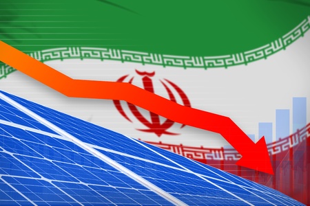 Iran solar energy power lowering chart, arrow down  - renewable energy industrial illustration. 3D...