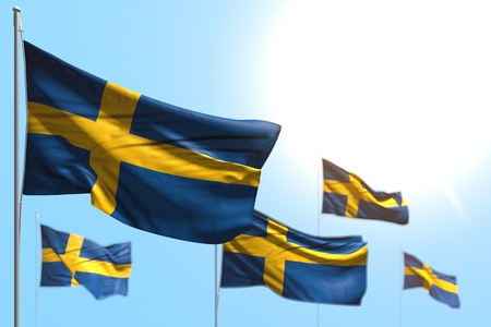 wonderful 5 flags of Sweden are waving against blue sky picture with bokeh - any holiday flag 3d illustrationの写真素材