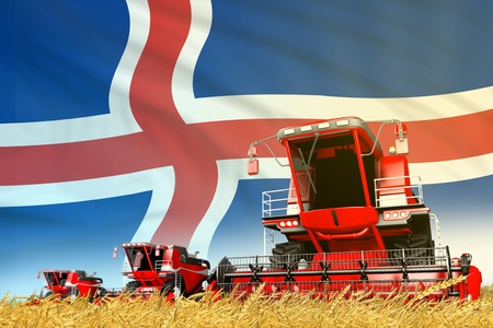 industrial 3D illustration of red wheat agricultural combine harvester on field with Iceland flag background, food industry conceptの写真素材