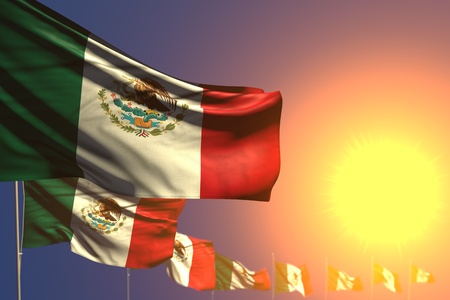 beautiful memorial day flag 3d illustration
 - many Mexico flags on sunset placed diagonal with bokeh and space for your textの写真素材