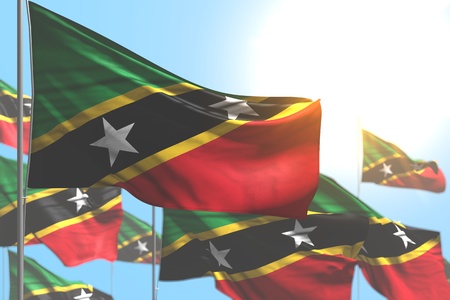 cute many Saint Kitts and Nevis flags are wave against blue sky illustration with bokeh - any holiday flag 3d illustrationの写真素材