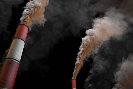 Pollution design concept, dense smoking factory chimneys isolated on black background - industrial...