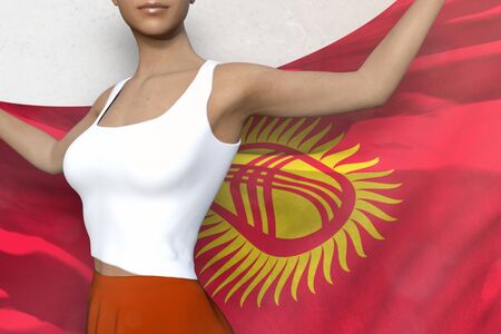 pretty woman in bright skirt is holding Kyrgyzstan flag in her hands behind her on the white background - flag concept 3d illustrationの写真素材