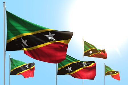 cute any celebration flag 3d illustration
 - 5 flags of Saint Kitts and Nevis are waving on blue sky backgroundの写真素材