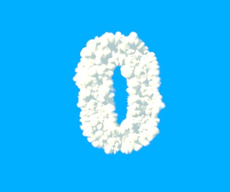 number 0 made of dense white clouds on blue background, cloud font - 3D illustration of symbols