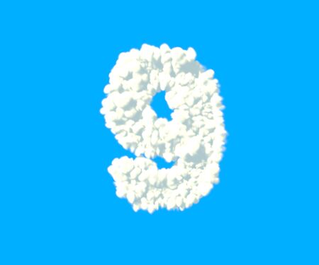 Clouds design alphabet, white cloudy number 9 isolated on sky background - 3D illustration of symbolsの写真素材