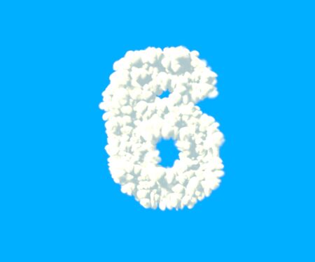 Clouds creative alphabet, white cloudy number 6 isolated on sky background - 3D illustration of symbolsの写真素材