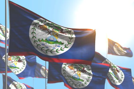 pretty feast flag 3d illustration
 - many Belize flags are wave against blue sky photo with selective focusの写真素材