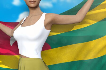 young lady in bright skirt is holding Togo flag in her hands behind her on the cloudy sky background - flag concept 3d illustrationの写真素材