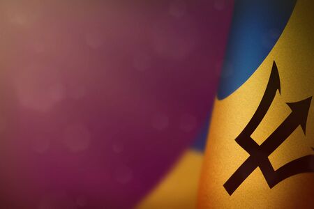 Barbados hanging flag for honour of veterans day or memorial day on pink dark velvet background. Barbados glory to the heroes of war concept.の写真素材