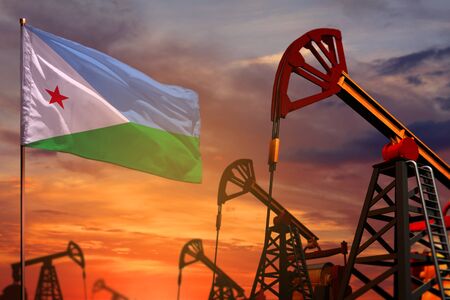 Djibouti oil industry concept, industrial illustration. Djibouti flag and oil wells and the red and blue sunset or sunrise sky background - 3D illustrationの写真素材