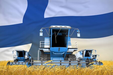industrial 3D illustration of four light blue combine harvesters on grain field with flag background, Finland agriculture conceptの写真素材