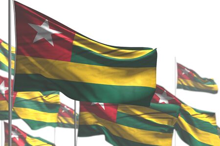 beautiful many Togo flags are wave isolated on white - image with soft focus - any celebration flag 3d illustrationの写真素材