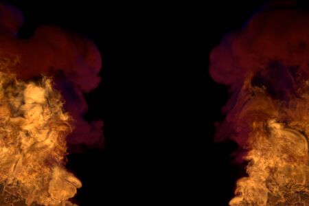 mystical fiery fireplace on black, frame with dense smoke - fire from image left and right corners -...