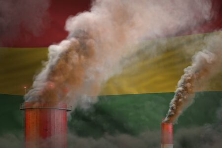 Global warming concept - heavy smoke from plant chimneys on Bolivia flag background with place for your content - industrial 3D illustrationの写真素材