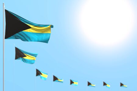pretty many Bahamas flags placed diagonal with soft focus and free space for your text - any occasion flag 3d illustrationの写真素材