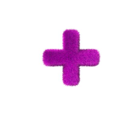 plus of purple fur alphabet isolated on white background, glamorous concept 3D illustration of symbolsの写真素材