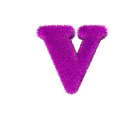 pink wooly alphabet isolated on white - letter V, fashion concept 3D illustration of symbolsの写真素材