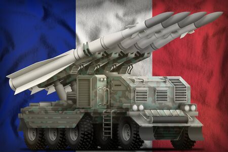 tactical short range ballistic missile with arctic camouflage on the France flag background. 3d Illustrationの写真素材