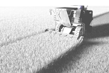 White render of huge rural agricultural harvester working on field for using as template or background, industrial 3D illustrationの写真素材