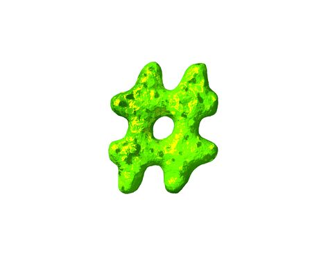 green alien flesh alphabet - number sign in space style isolated on white background, 3D illustration of symbolsの写真素材