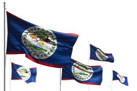 beautiful celebration flag 3d illustration
 - five flags of Belize are wave isolated on white - picture with bokehの写真素材