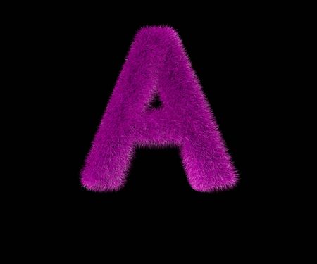 letter A of dear fashion purple wooly alphabet isolated on black, dear concept 3D illustration of symbolsの写真素材
