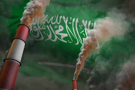 Saudi Arabia pollution fight concept - two big industrial chimneys with heavy smoke on flag background, industrial 3D illustrationの写真素材