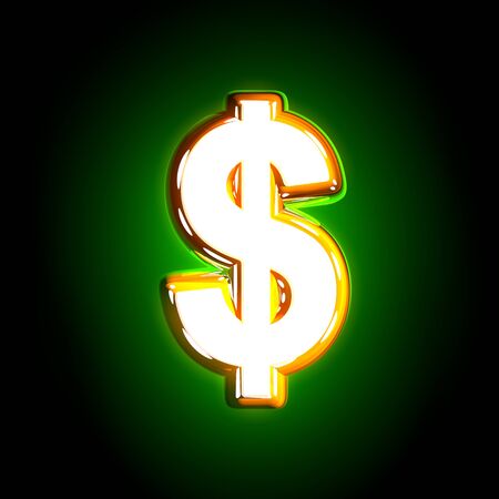 polished yellow and white design glow green alphabet - dollar - peso sign isolated on black color, 3D illustration of symbolsの写真素材
