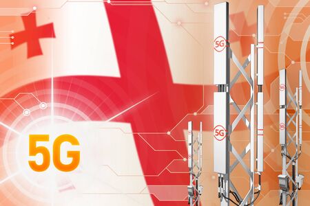 Georgia 5G network industrial illustration, big cellular tower or mast on hi-tech background with...