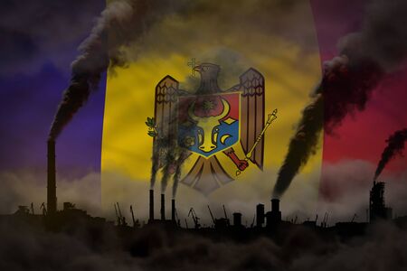 heavy smoke of factory chimneys on Moldova flag - global warming concept, background with place for your content - industrial 3D illustrationの写真素材