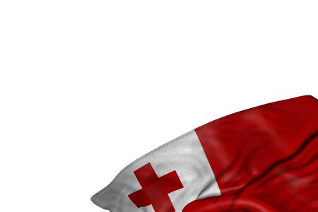 nice Tonga flag with big folds lying flat in bottom right corner isolated on white - any holiday flag 3d illustrationの写真素材