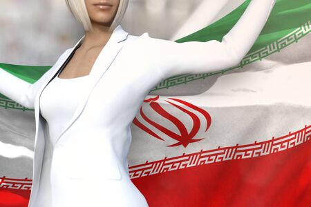 beautiful business lady is holding Iran flag in her hands behind her on the office building background - flag concept 3d illustrationの写真素材